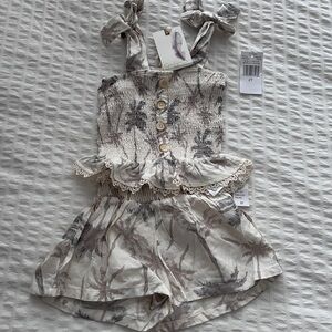 Jessica Simpson Kids Tropical Print Romper - Cream and Gray